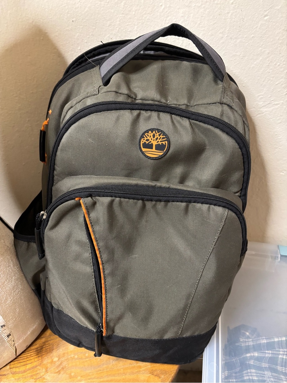 Timberland Olive Green Backpack with Orange Trim